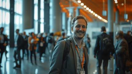 A happy participant in an industrial exhibition. A man in a jacket and carrying a backpack is smiling in a crowded hallway