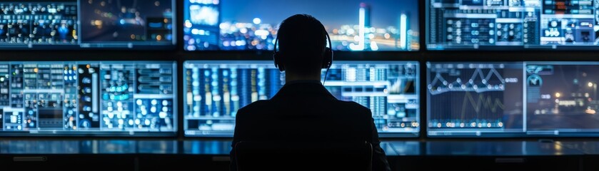 Tech command center, single person managing complex network operations, cool tones and sharp details, essence of modern surveillance