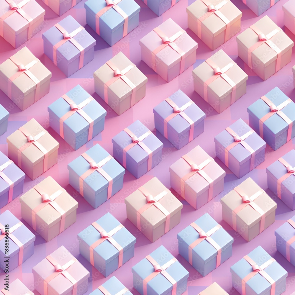 Aufkleber a seamless pattern featuring pastel 3d render of gift boxes arranged in neat rows, flat on the groun