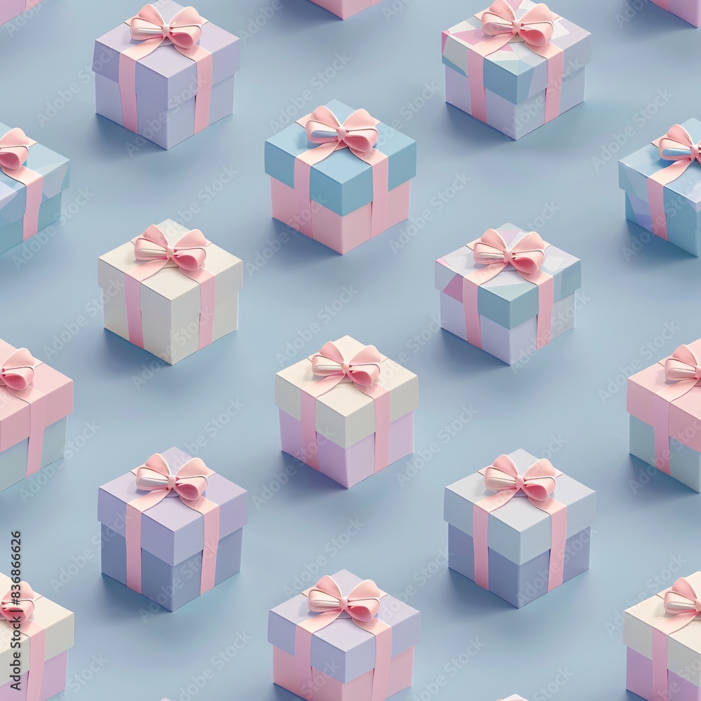 Poster a seamless pattern featuring pastel 3d render of gift boxes arranged in neat rows, flat on the groun