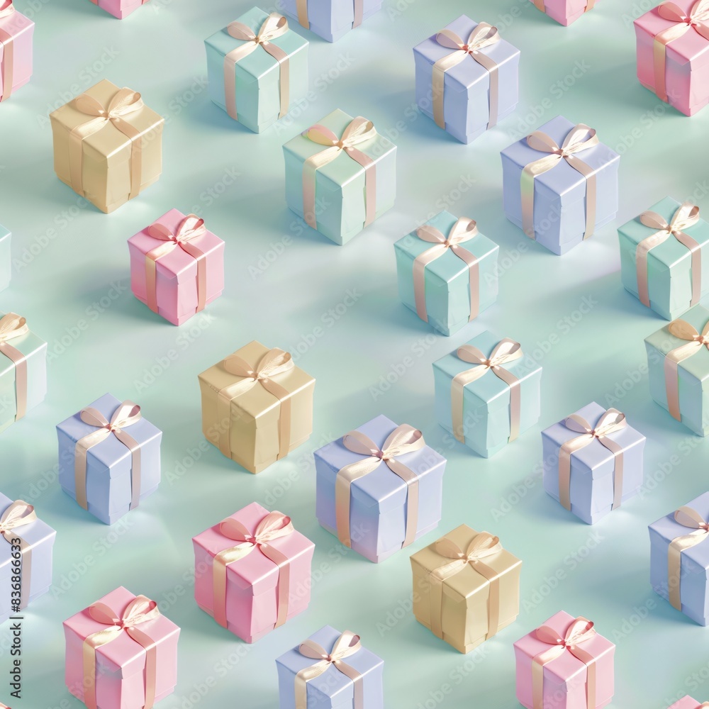 Poster a seamless pattern showcasing pastel 3d gift boxes, systematically aligned in rows on a flat surface