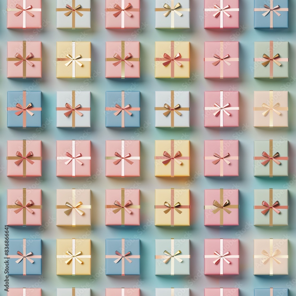 Poster a seamless pattern with pastel-colored 3d render of gift boxes, evenly spaced in rows on a flat back