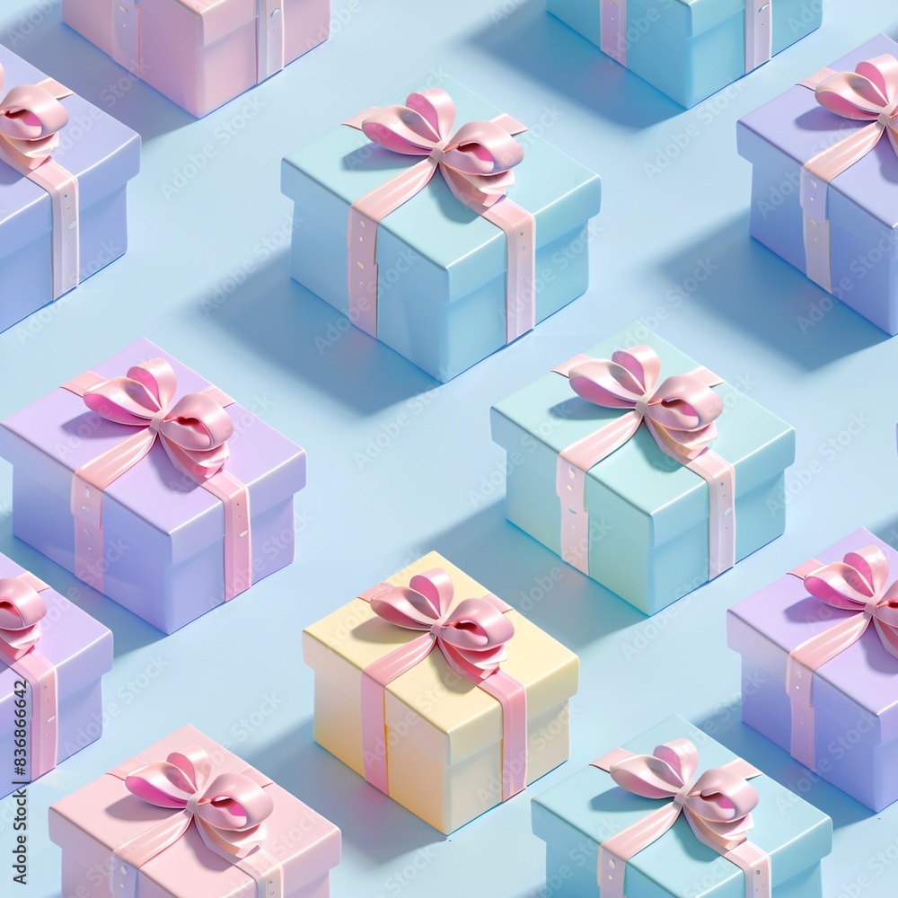Poster a seamless pattern showcasing pastel 3d gift boxes, systematically aligned in rows on a flat surface