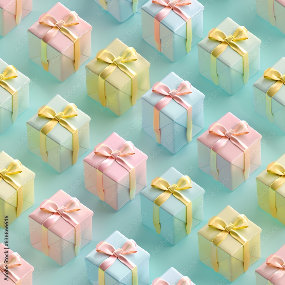Poster a seamless pattern with pastel-colored 3d render of gift boxes, evenly spaced in rows on a flat back