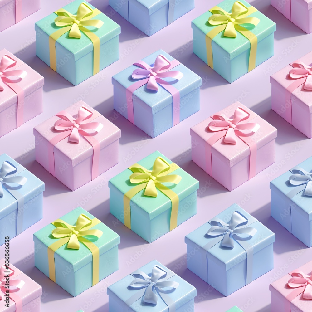 Poster a seamless pattern showcasing pastel 3d gift boxes, systematically aligned in rows on a flat surface
