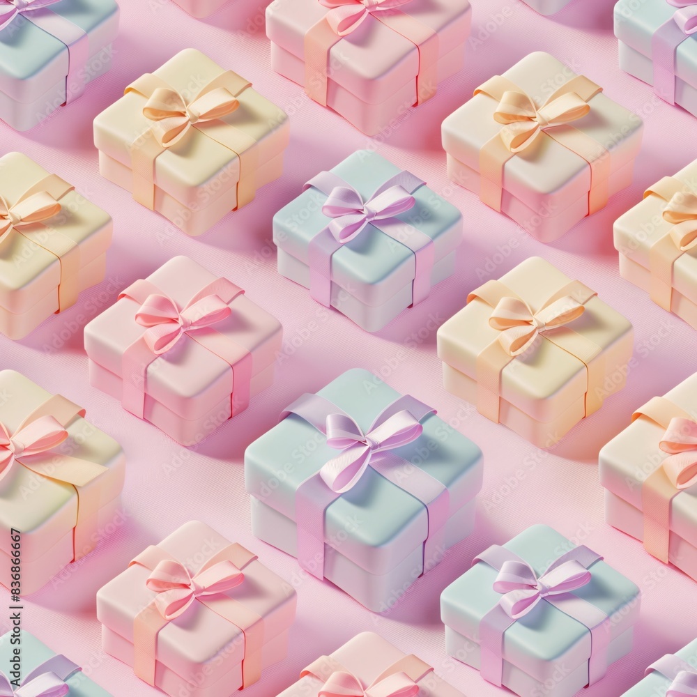 Aufkleber a seamless pattern with pastel-colored 3d render of gift boxes, evenly spaced in rows on a flat back
