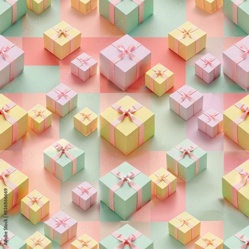 Aufkleber a seamless pattern with pastel-colored 3d render of gift boxes, evenly spaced in rows on a flat back