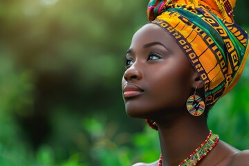 Serene portrait of a young woman adorned in vibrant african attire against a natural backdrop