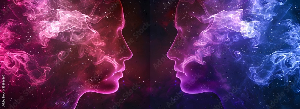 Poster two pink and purple glowing smoke patterns face each other on a black background, creating an abstra