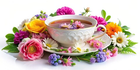 Elegant floral tea cup surrounded by colorful flowers and leaves on a white background, floral, tea cup, elegant, colorful, flowers, leaves, white background, delicate, dainty, decorative