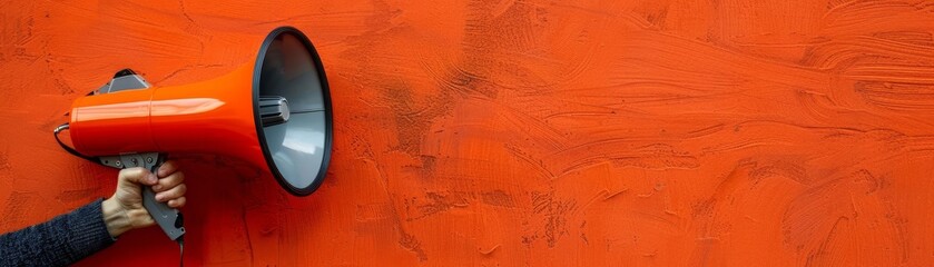 Hand with megaphone on a bright orange canvas, dynamic angle, emphasizing speech and influence, sleek and modern aesthetic