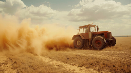 Naklejka premium A red tractor is driving through a dusty field. Dust rises into the air, creating a hazy atmosphere. The concept of a prolonged drought in the country