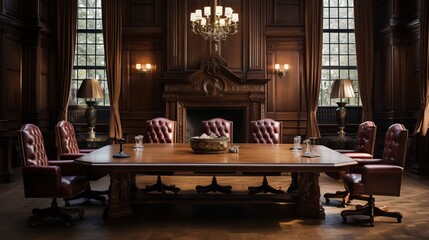 A traditional boardroom with elegant wood paneling and a large conference table, adorned with...