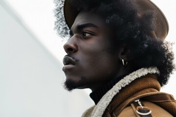 Closeup of a fashionforward young man wearing a hat, staring into the distance