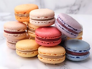 Obraz premium Colorful Macarons Stacked on a White Background Showcasing a Delectable Dessert Assortment