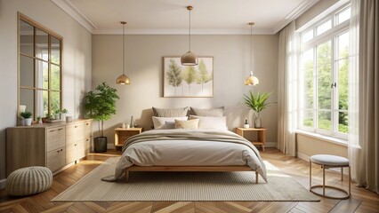 Neutral-toned and minimally decorated bedroom flooded with natural light from window