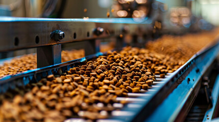 Industrial machinery in the pet food industry, focused on manufacturing dry dog food pellets