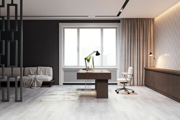 Modern home office interior with a wooden desk, chair, and decorations, on a city background, concept of work from home. 3D Rendering