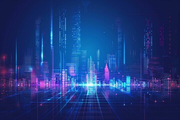 Vector Illustration Urban Architecture, Cityscape With Space and Neon Light Effect. Modern Hi-tech, Science, Futuristic Technology Concept.