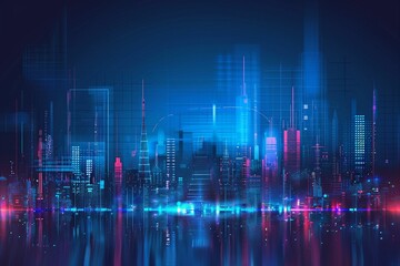 Vector Illustration Urban Architecture, Cityscape With Space and Neon Light Effect. Modern Hi-tech, Science, Futuristic Technology Concept.