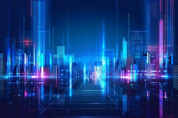 Vector Illustration Urban Architecture, Cityscape With Space and Neon Light Effect. Modern Hi-tech, Science, Futuristic Technology Concept.