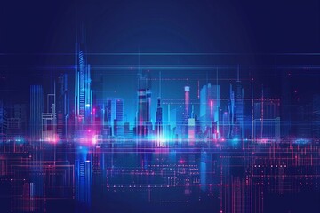 Vector Illustration Urban Architecture, Cityscape With Space and Neon Light Effect. Modern Hi-tech, Science, Futuristic Technology Concept.