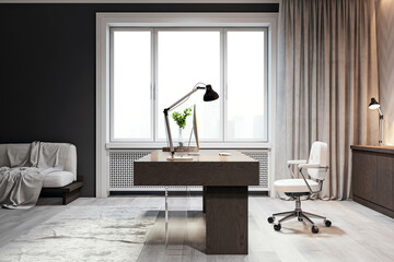 A modern home office with a desk, chair, and lamp, against a cityscape window backdrop, concept of remote work. 3D Rendering