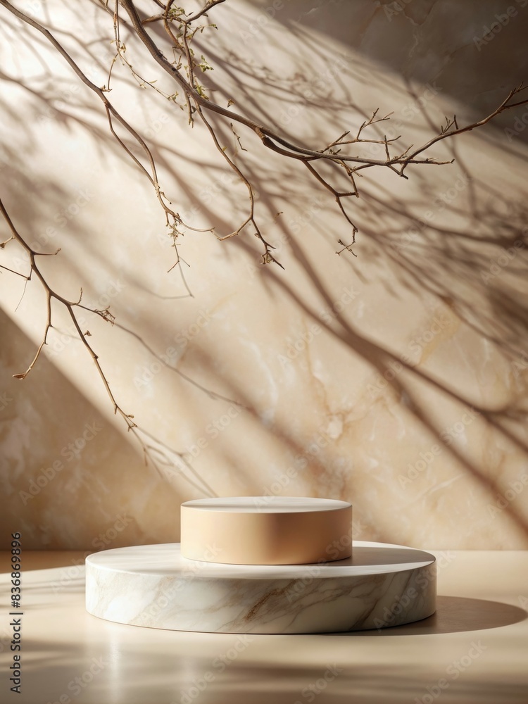 Poster elegant round podium for product display with natural branch shadows and marble texture - perfect fo