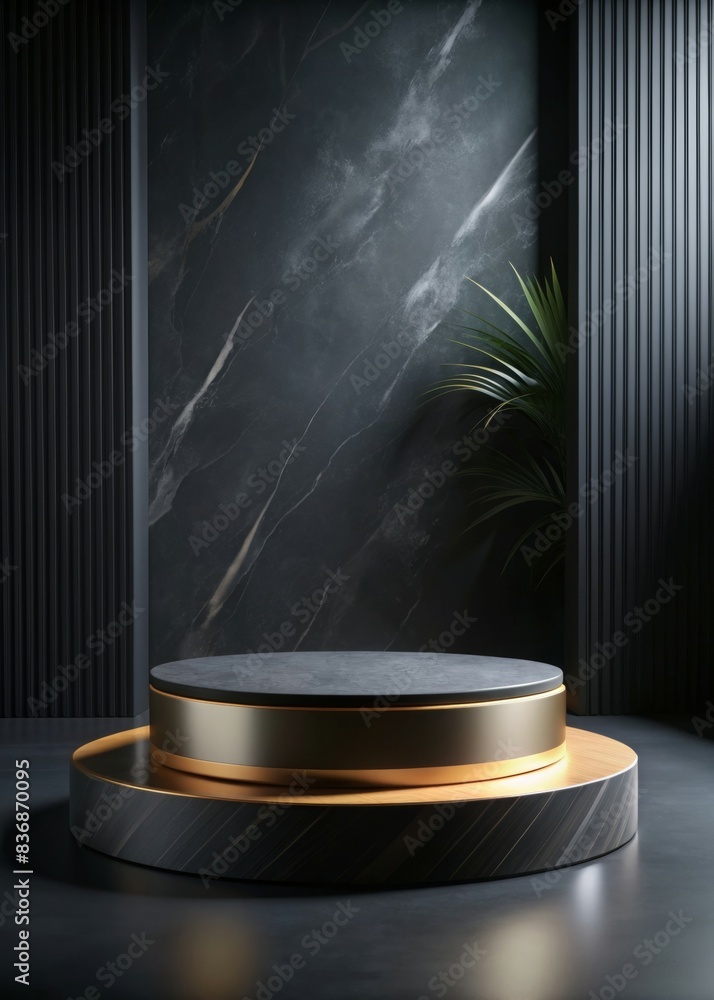 Poster Elegant Round Podium for Product Display in Modern Minimalist Setting with Dark Marble Background and Subtle Lighting