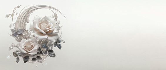  Banner white roses with silver leaves on white background, free space for text.