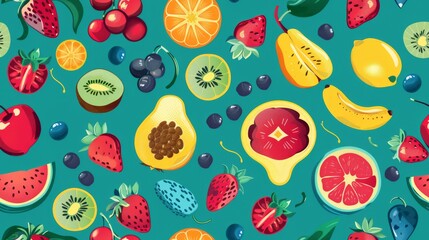 This image shows a playful and vibrant pattern of various fruits scattered on a teal background, depicting freshness and health