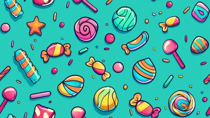 A vibrant assortment of various candies and sweets spread out on a bright teal background, capturing a playful and indulgent atmosphere
