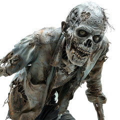A realistic depiction of a spooky zombie with decaying skin and tattered clothes, perfect for Halloween and horror-themed designs.
