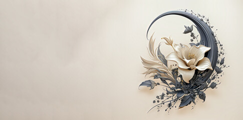  Banner with white lily and grey curl on beige background, free space for text.