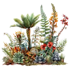 Acrylglasbilder Dschungel A vibrant collection of tropical plants and flowers, showcasing lush greenery and colorful blooms in a natural arrangement.  © PTC_KICKCAT