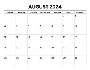 AUGUST 2024 calendar start from SUNDAY
