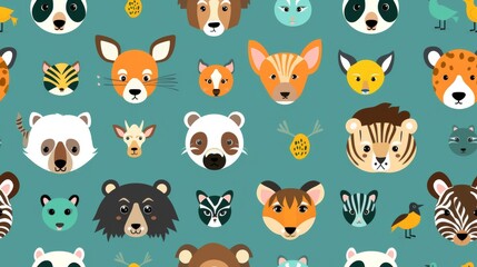 A vibrant illustration of various cartoon animal faces on a teal background, appealing for children's design