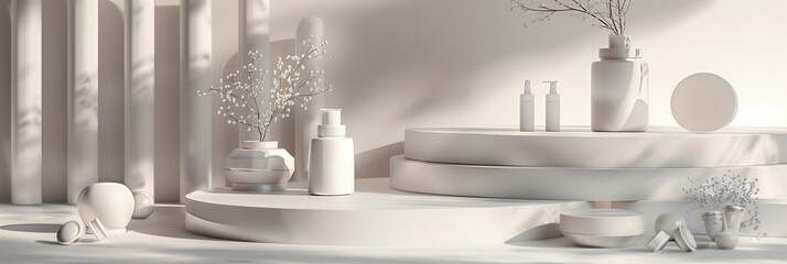 A white background with a white pedestal and a white vase with flowers on it. Scene is elegant and sophisticated