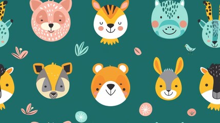 Array of adorable cartoon animals on a green background, featuring faces of different wildlife