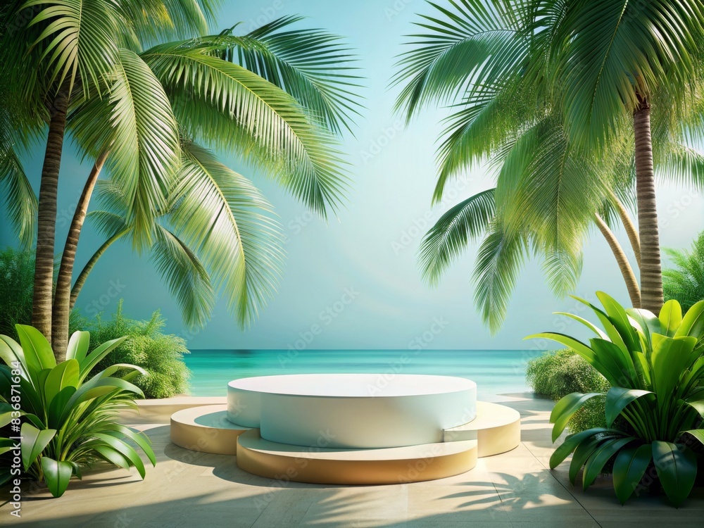 Aufkleber elegant round podium for product display in tropical beach setting with palm trees and ocean backgro