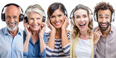 Diverse Group of Happy People Listening to Music with Headphones, Smiling and Enjoying, Isolated on White Background