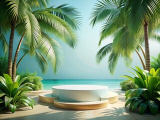 Obraz premium Elegant Round Podium for Product Display in Tropical Beach Setting with Palm Trees and Ocean Background, Perfect for Presentations, Showcases, and Marketing Campaigns