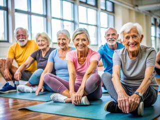 Group of Senior Adults Smiling and Stretching on Yoga Mats in a Bright, Modern Fitness Studio with Large Windows