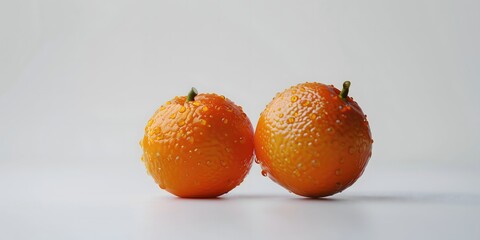 Two oranges are sitting on a white table. The oranges are wet and shiny. Concept of freshness and vitality