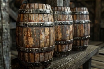 Obraz premium Rustic wooden barrels with metal bands arranged in a row, showcasing aged textures