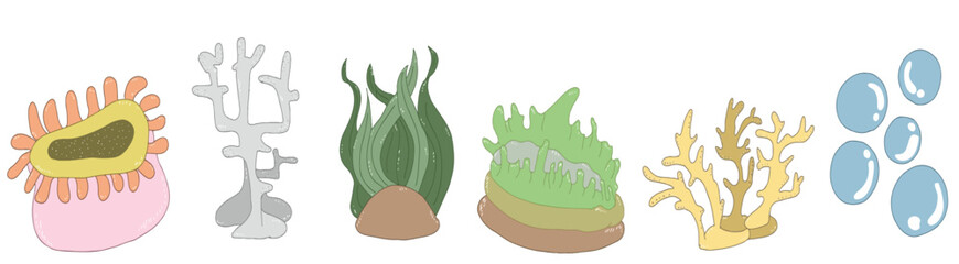 1Collection of cartoon images of water plants. and colorful corals.eps