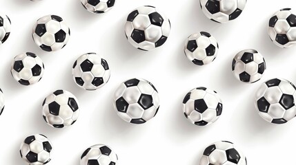 Multiple black and white soccer balls scattered on a white surface, symbolizing sports, team games, and competition