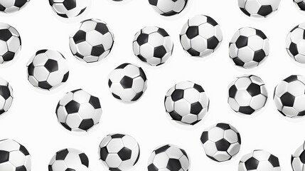 A collection of classic black and white soccer balls scattered across a seamless white backdrop, evoking themes of team sports and recreation