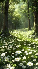 Obraz premium Enchanting Springtime Forest Carpeted with a Sea of Blooming White Wildflowers