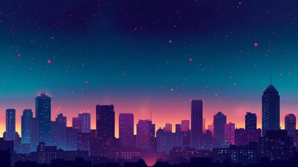 Fototapeta premium A stunning cityscape at twilight showcasing silhouettes of skyscrapers against a vibrant, colorful sky transitioning from blue to pink.